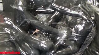 Rubber doll gets 2 orgasms on latex bed