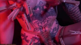 Bound Up Bimbo gets Clothes Pins and Holes Filled