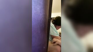 Peeking through the curtain at adorable BBW sub ride daddy’s dick