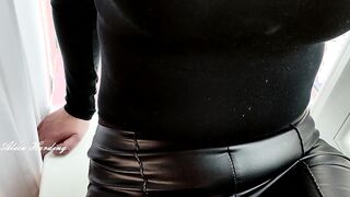 Alice into leather leggings and high boots sits on the windowsill after blow 2 men and wipes off sperm