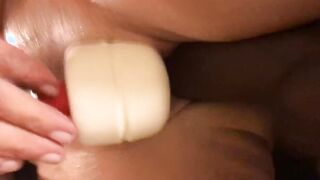 Squirting waterfall by big black dick toy drilling
