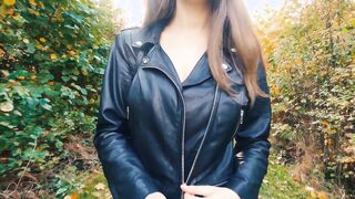 Boobwalk: Leather Jacket, Fine Mesh Bra. Rough Nipples.