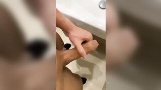 JERKING OFF MY LARGE PENIS INTO OUTDOOR! LONG CREAMPIE
