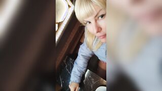 Risky sexy shows sweet twat inside café
