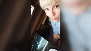 Risky sexy shows sweet twat inside café