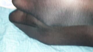 After work, my ex-wife shows me her legs inside stockings and I cum on her toes