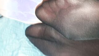 After work, my ex-wife shows me her legs inside stockings and I cum on her toes