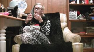Smoking, toy, glass bottle, and wand make for a squirting orgasm
