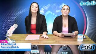Camsoda - Lesbo mom and Teens riding Sybian masturbate on air while reading the news