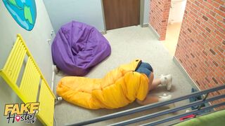Fake Hostel - Long melons thicc girls into huge penis 3some after 1 gets stuck into a camping bag