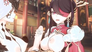 Beidou and Signora 3 Way Titfuck and Jizzed