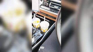Step cougar risky hand job inside the vehicle make step son cum on her hands