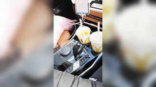 Step cougar risky hand job inside the vehicle make step son cum on her hands