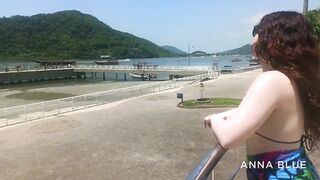beauty vagina with mouth flashing her body in summer city. She was