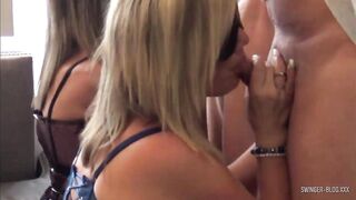 Blindfolded amateur MILFs sucking off fat dicks in group group sex