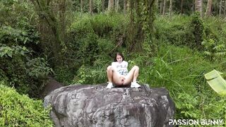 Horny stranger masturbate on stone with anal plug in hot