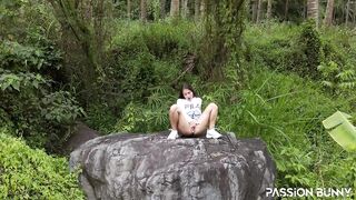 Horny stranger masturbate on stone with anal plug in hot