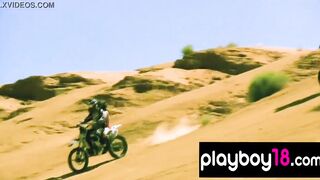 Long boobed badass naked babes trying motocross into the desert