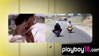 Long boobed badass naked babes trying motocross into the desert