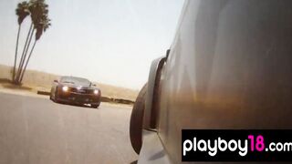 Long boobed badass naked babes trying motocross into the desert