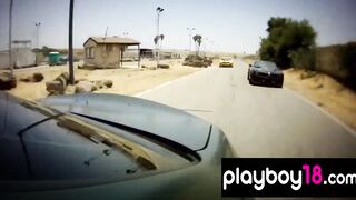 Long boobed badass naked babes trying motocross into the desert