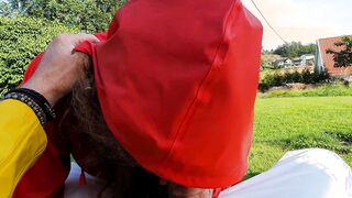 milf into rubber pants, raincoat and pvc boots giving fellatio to gardener outdoor