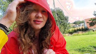 milf into rubber pants, raincoat and pvc boots giving fellatio to gardener outdoor