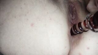 Unshaved snatch BBW cougar stuffs booty with dildo