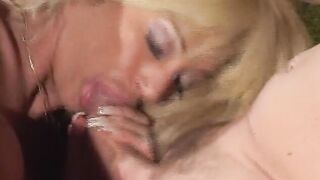 Blonde milf with big melons gets her snatch bald and licked before giving a deep bj