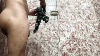 Young boy working out into the bath-tub