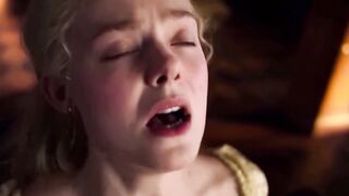 ELLE FANNING dyke cunt licking under skirt, Hollywood celeb movie lesbo MILF licks princess cunt