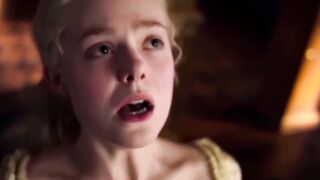 ELLE FANNING dyke cunt licking under skirt, Hollywood celeb movie lesbo MILF licks princess cunt