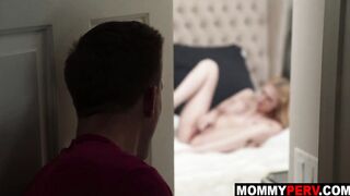 Son peeps on masturbating stepmom then fucks her