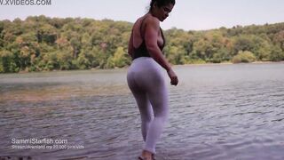 Beach mom into transparent pants