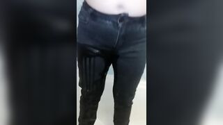 I peed into the toilet into jeans, then turned on the water and soaked my long hooters, a lot of