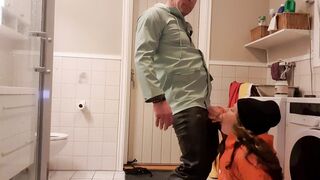 Blowing and wanking long cock into the toilet into oily rainwear and pvc boots