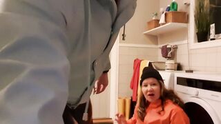 Blowing and wanking long cock into the toilet into oily rainwear and pvc boots