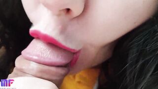 Sexsual and detailed head with red lips, close-up