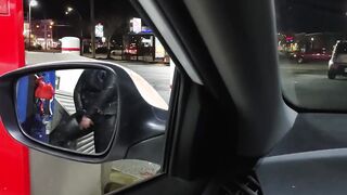 Caught Lover inside leather mastrubating at gas pump into outside,and not care.