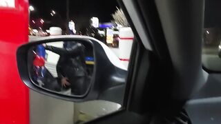 Caught Lover inside leather mastrubating at gas pump into outside,and not care.