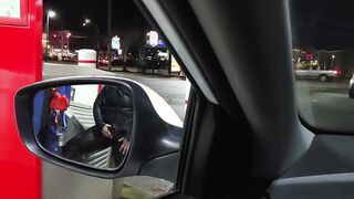 Caught Lover inside leather mastrubating at gas pump into outside,and not care.