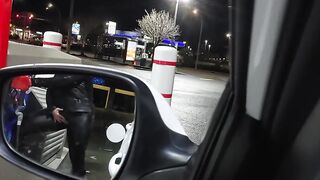 Caught Lover inside leather mastrubating at gas pump into outside,and not care.