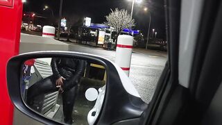 Caught Lover inside leather mastrubating at gas pump into outside,and not care.