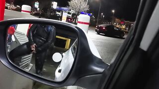 Caught Lover inside leather mastrubating at gas pump into outside,and not care.