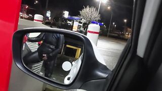 Caught Lover inside leather mastrubating at gas pump into outside,and not care.