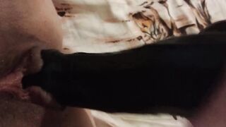 Thick big black cock toy fucking soak bushy cunt