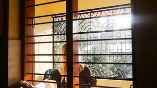 Naked thin Hot takes Sun bath tub and smoke on the tropical balcony into the morning