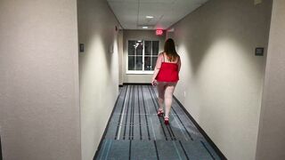Showing off my Christmas underwear into the hotel hallway