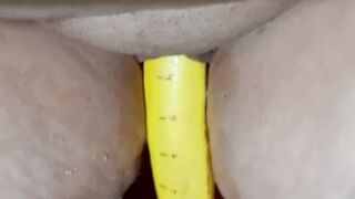 BANANA FUN!!! Standing up w/ camera sliding inside 7 inch banana w/ cum leaking on floor!