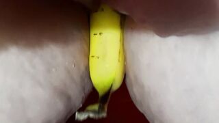 BANANA FUN!!! Standing up w/ camera sliding inside 7 inch banana w/ cum leaking on floor!